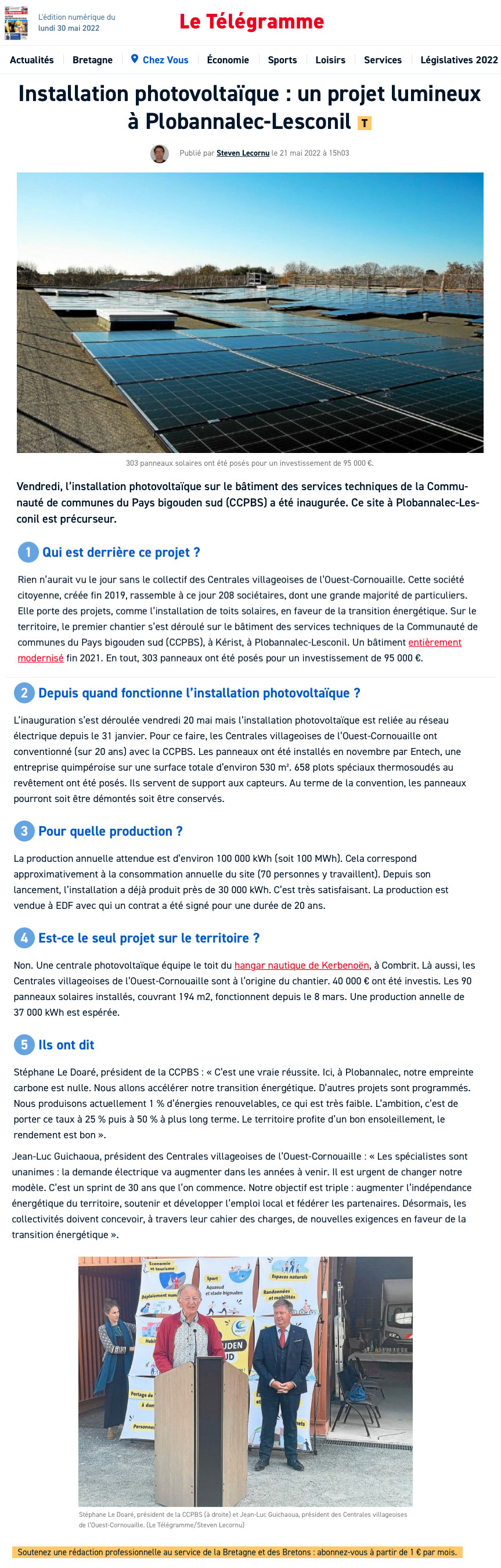 Article du Télégramme paru le 21 mai 2022
