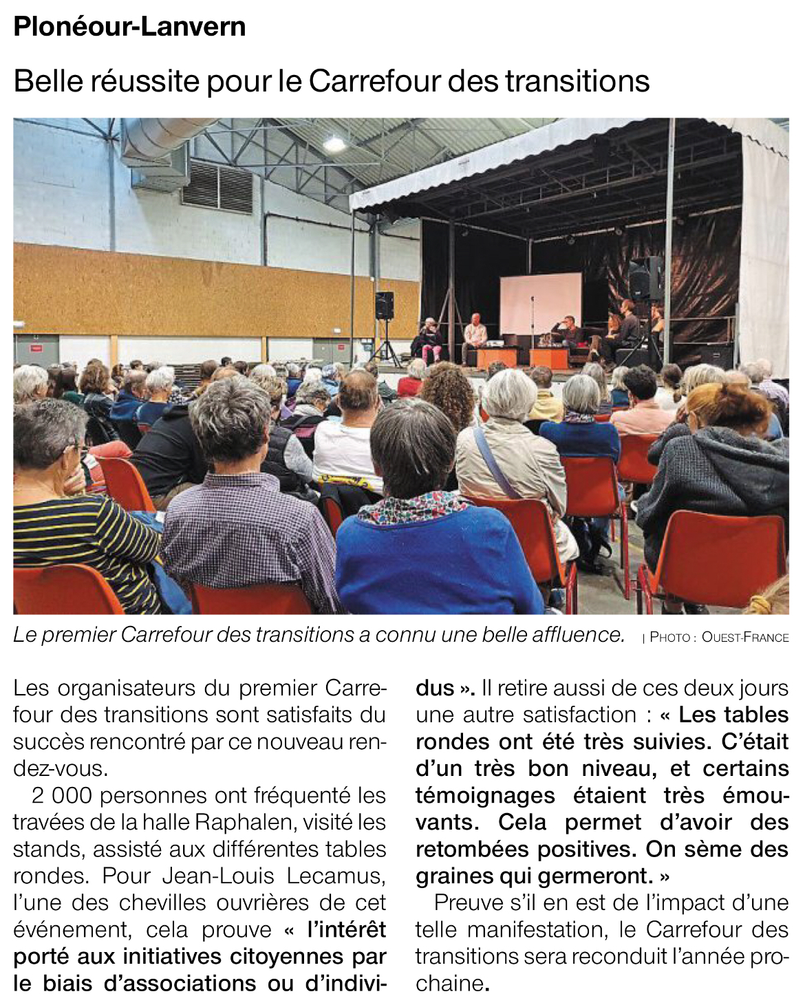 Article de Ouest France sur le Carrefour des Transitions