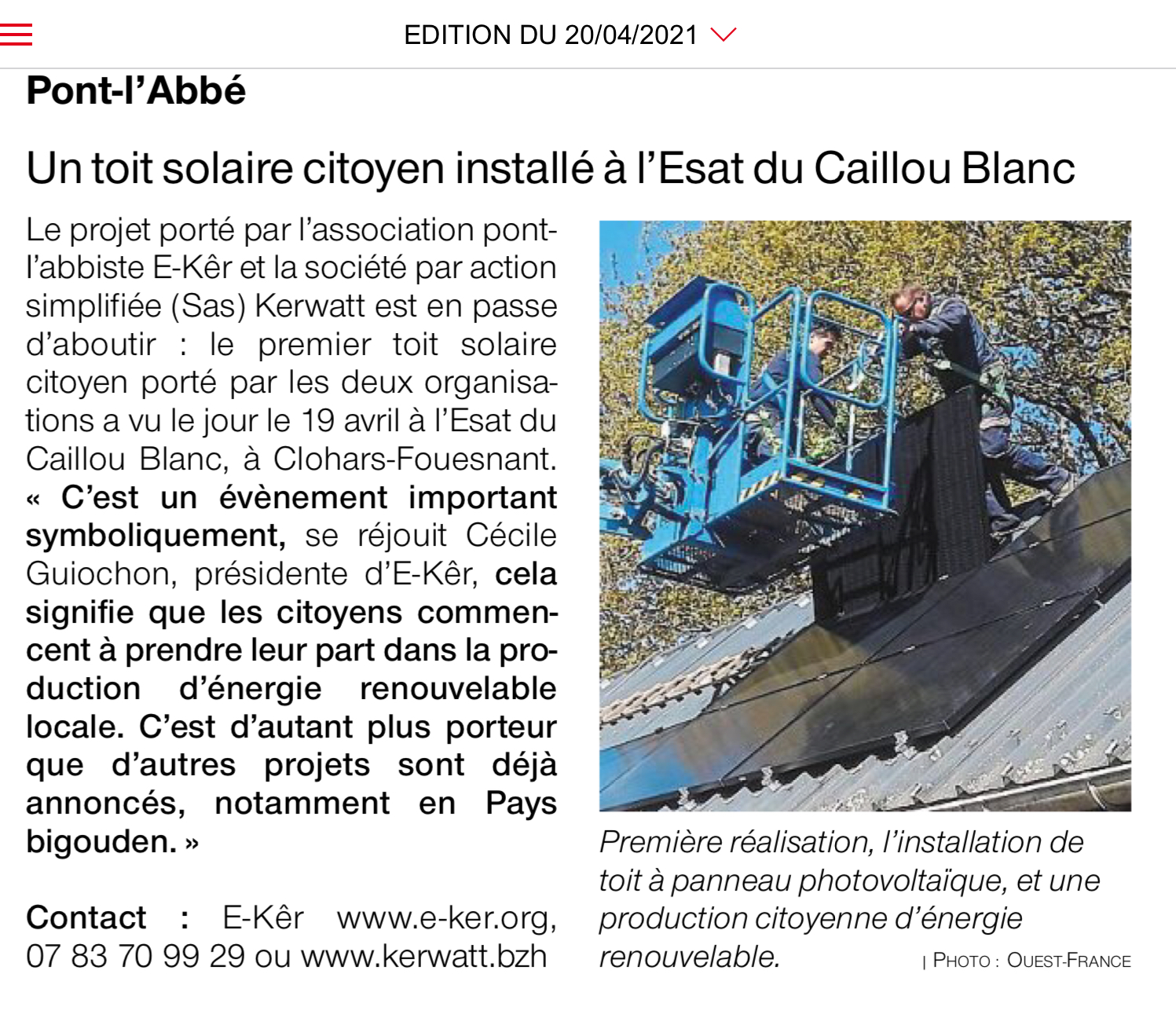 Article de Ouest France sur E-Ker Kerwatt Capture d'écran de l'article de Ouest France sur E-Ker Kerwatt