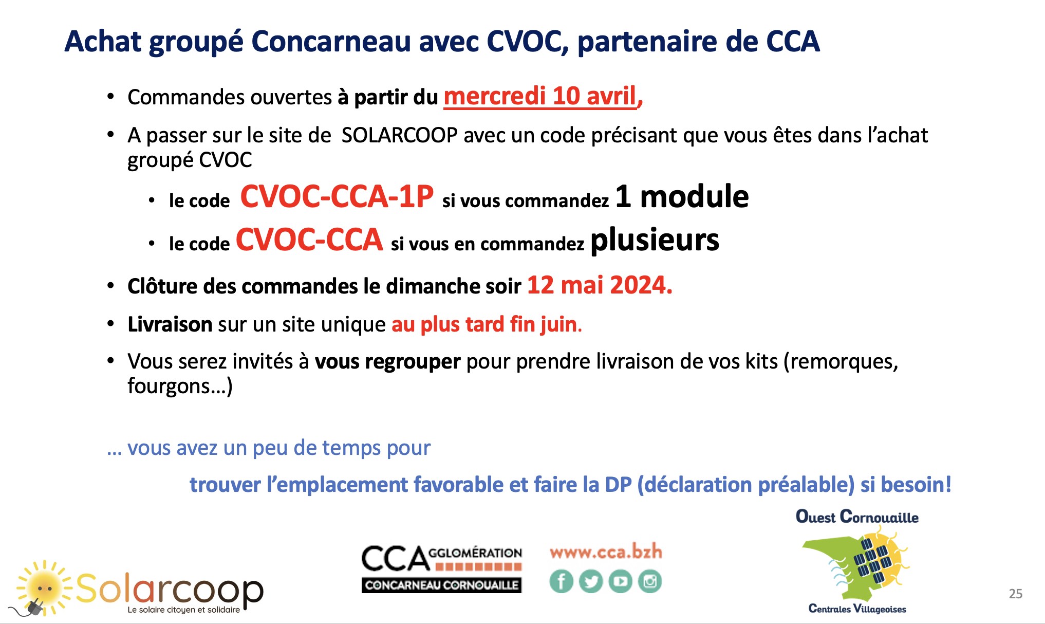 timing et codes - achat CCA