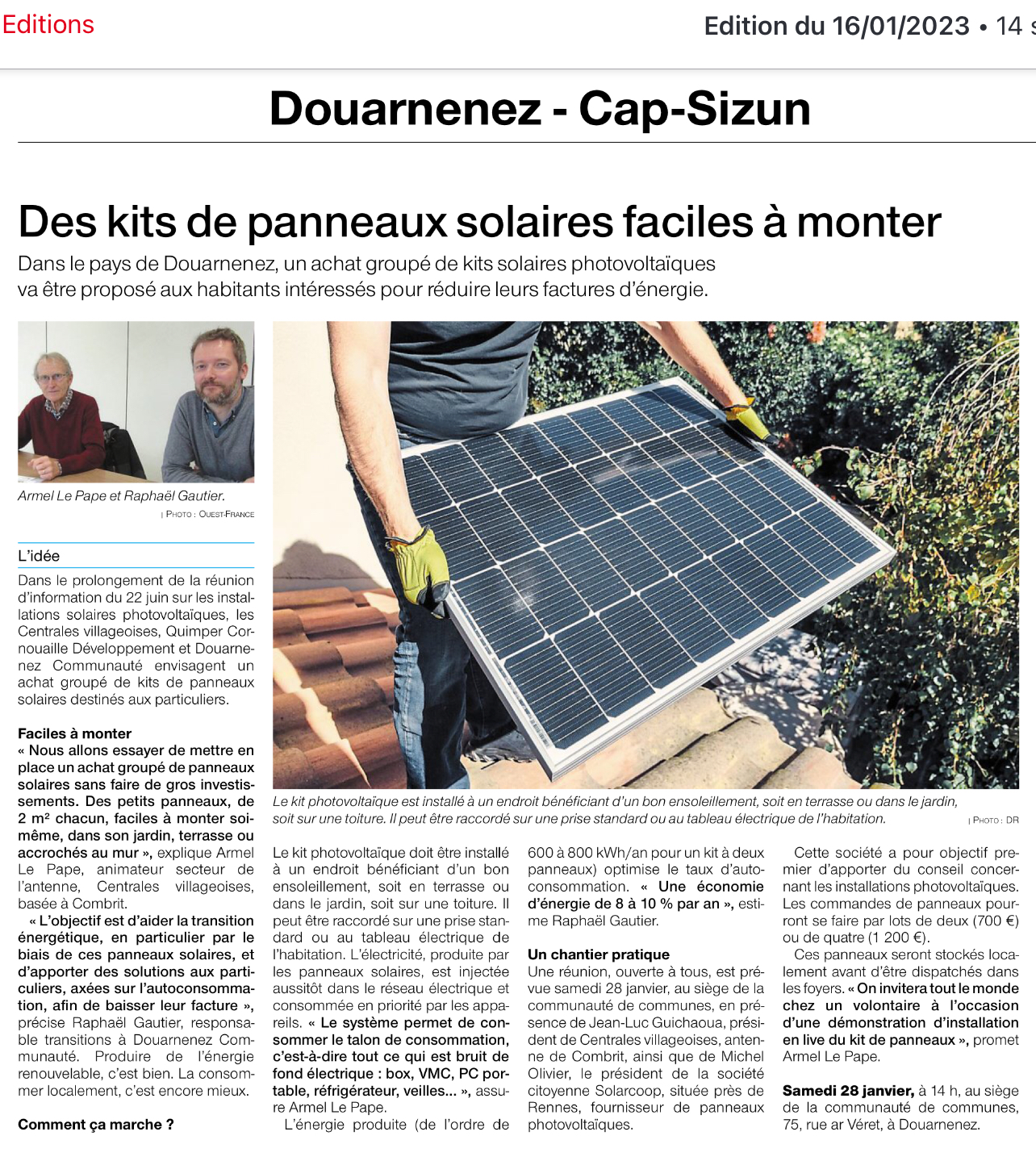 Article de Ouest France paru le 16 janvier 2023 Article de Ouest France paru le 16 janvier 2023