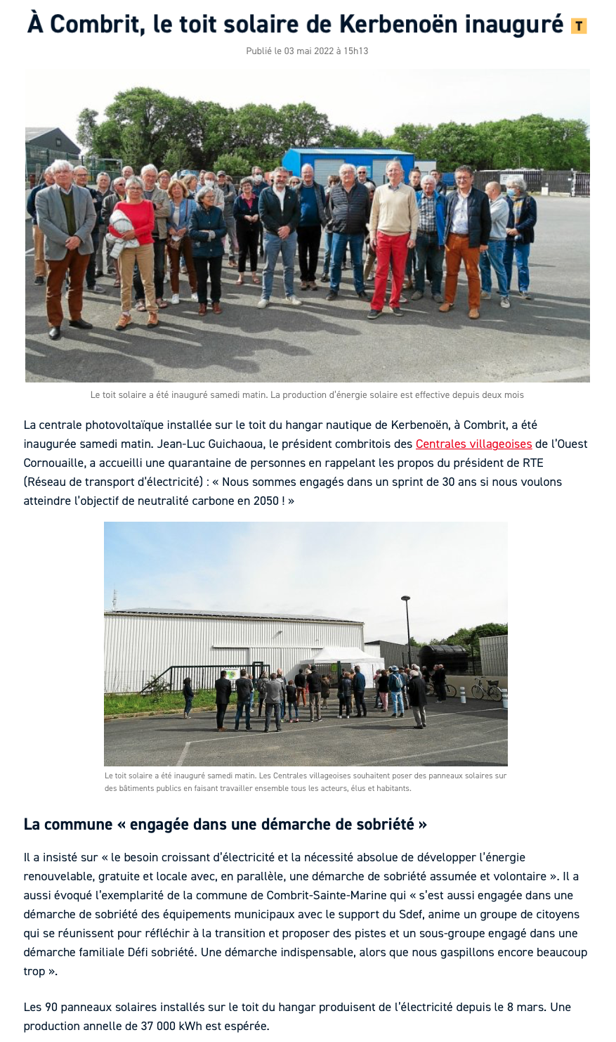 Article du Télégramme du 3 mai 2022