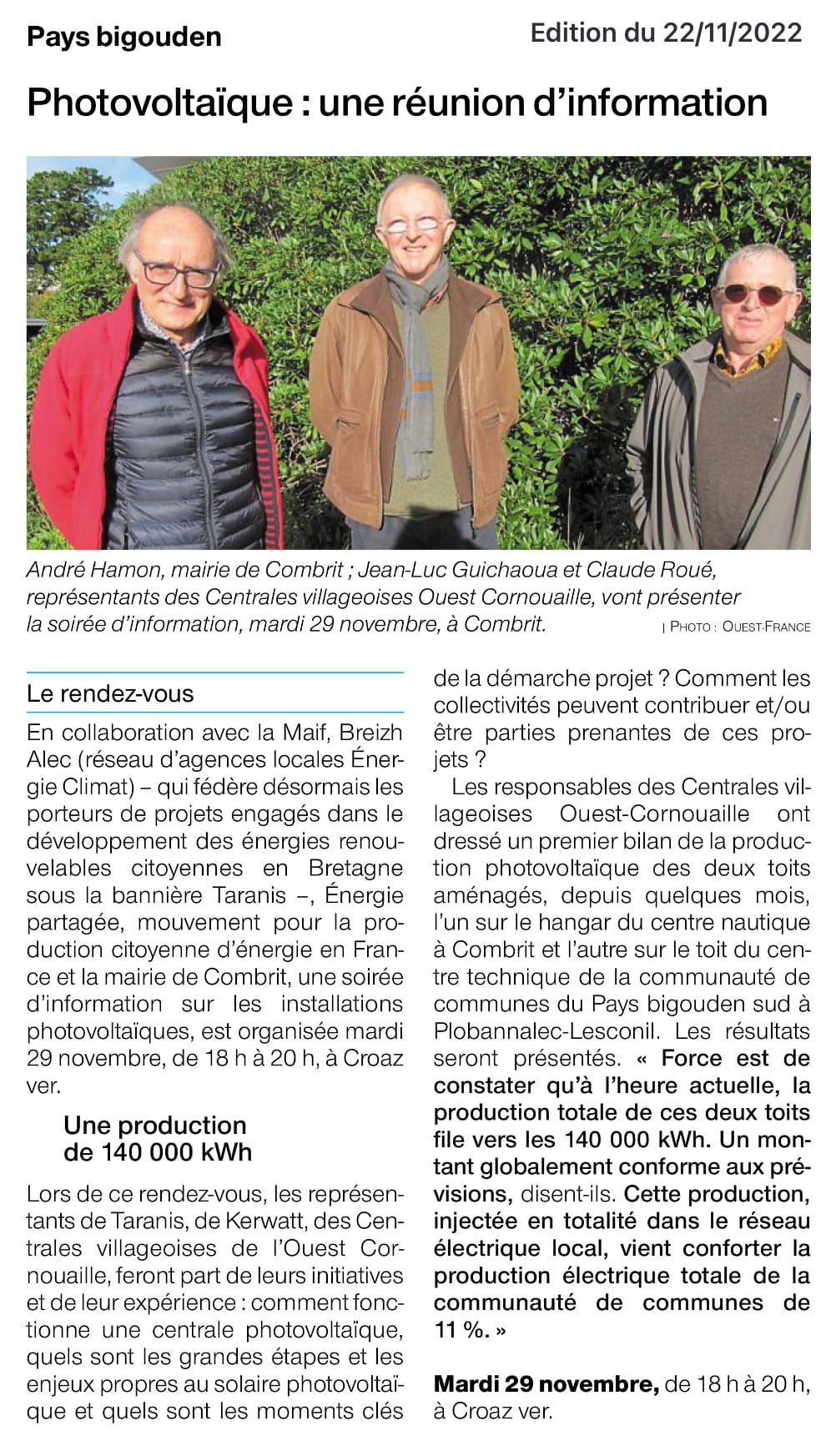 Article de Ouest France du 29 novembre 2022
