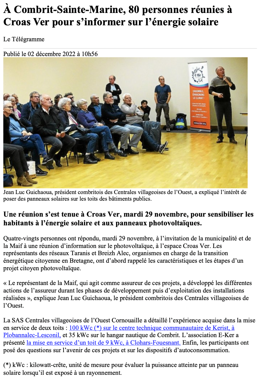 Article du Télégramme publié le 2 décembre 2022 Article du Télégramme publié le 2 décembre 2022