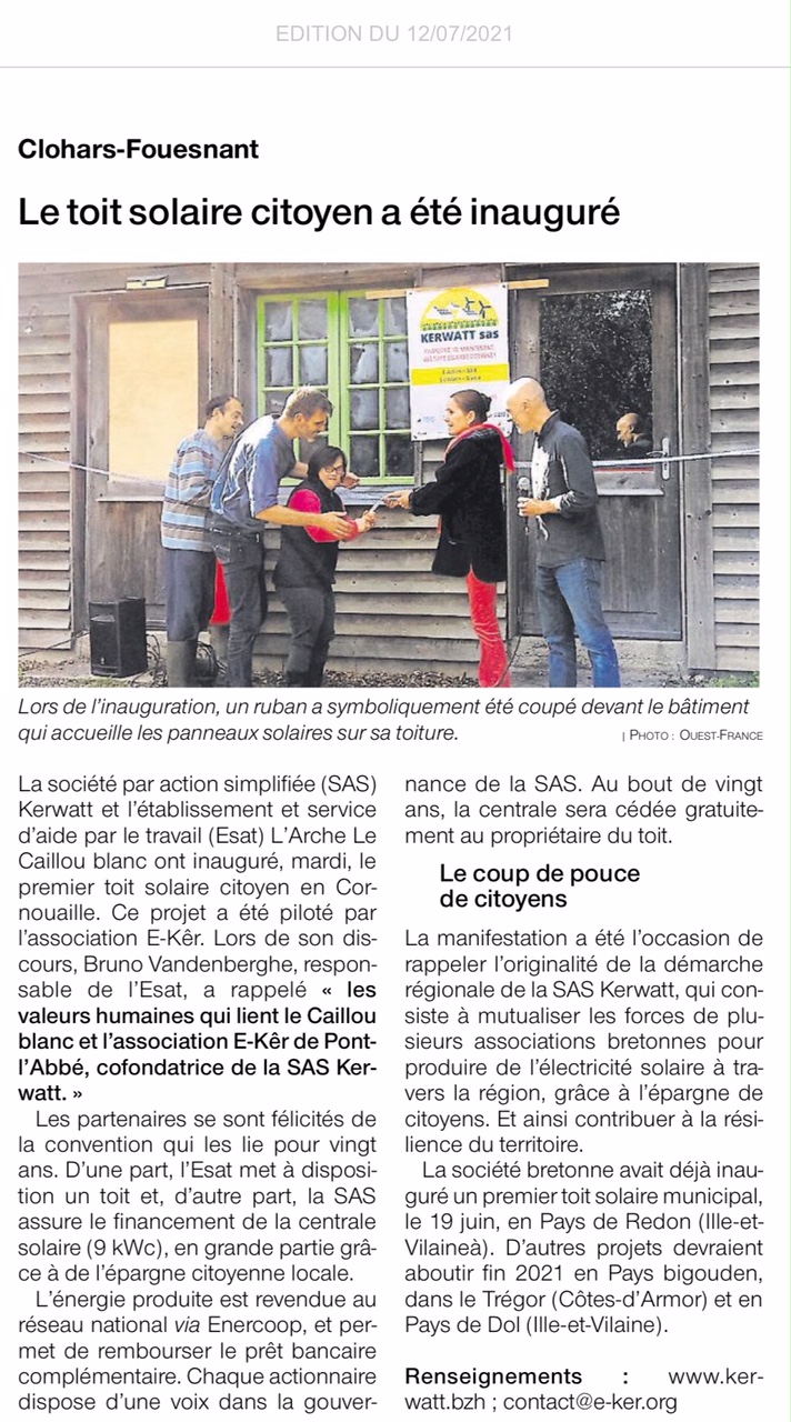 Ouest-France, article paru dans l’édition numérique du 12/07/2021 Ouest-France, article paru dans l’édition numérique du 12/07/2021